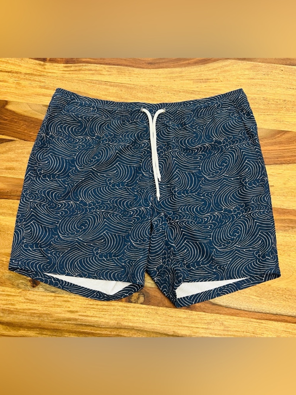 J. Crew Navy Swim Trunks with White Wave Print - Medium